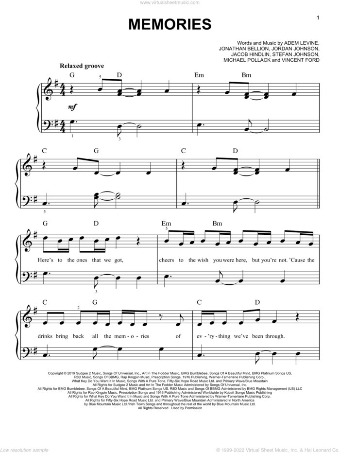 Memories sheet music for piano solo by Maroon 5, Adam Levine, Jacob Hindlin, Jon Bellion, Michael Pollack, Stefan Johnson and Vincent Ford, beginner skill level