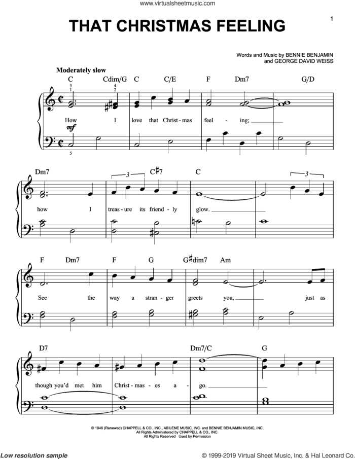 That Christmas Feeling sheet music for piano solo by Perry Como, Bennie Benjamin and George David Weiss, easy skill level