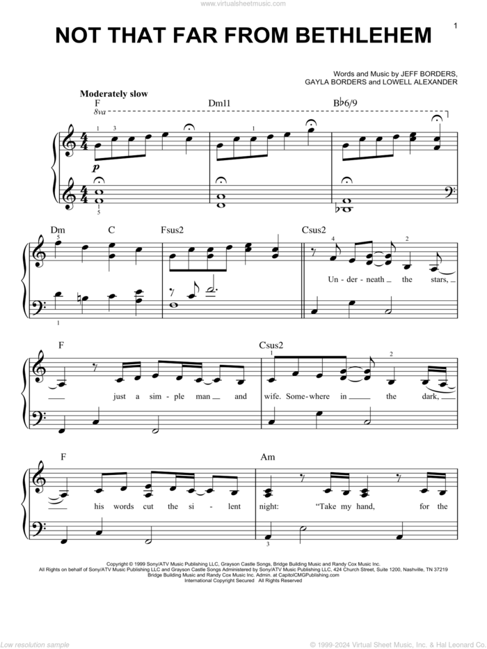 Not That Far From Bethlehem, (easy) sheet music for piano solo by Point Of Grace, Gayla Borders, Jeff Borders and Lowell Alexander, easy skill level