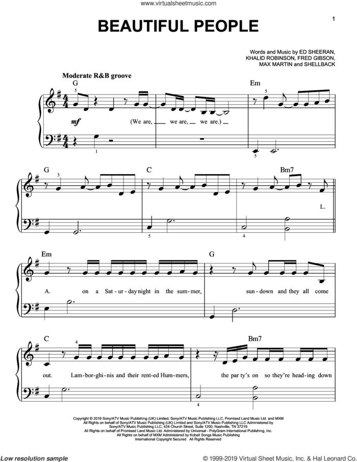 Beautiful People (feat. Khalid) sheet music for piano solo by Ed Sheeran, Fred Gibson, Khalid Robinson, Max Martin and Shellback, beginner skill level