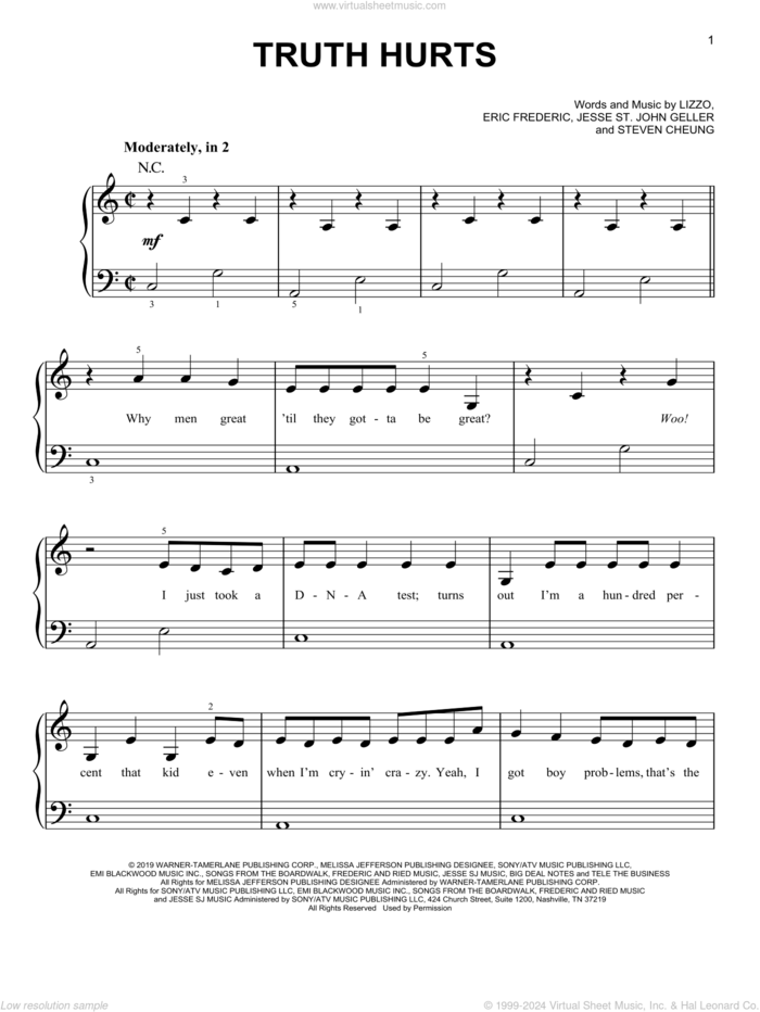 Truth Hurts sheet music for piano solo by Lizzo, Eric Frederic, Jesse St. John Geller and Steven Cheung, beginner skill level