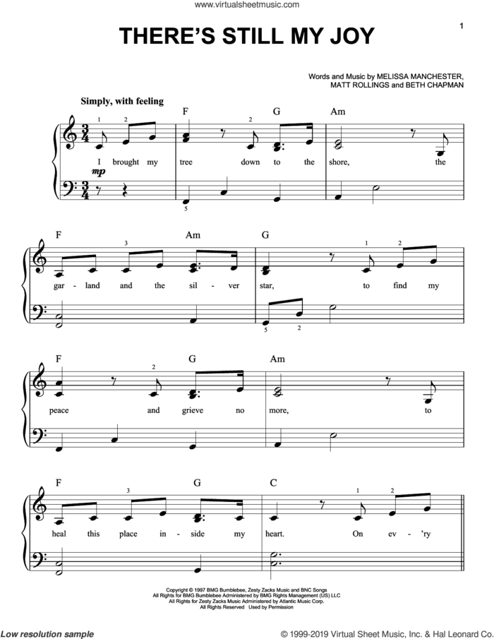 There's Still My Joy sheet music for piano solo by Indigo Girls, Beth Chapman, Matt Rollings and Melissa Manchester, easy skill level