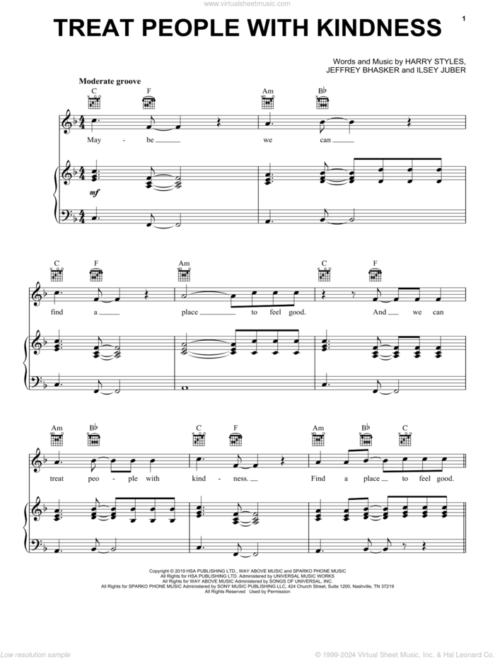 Treat People With Kindness sheet music for voice, piano or guitar by Harry Styles, Ilsey Juber and Jeff Bhasker, intermediate skill level