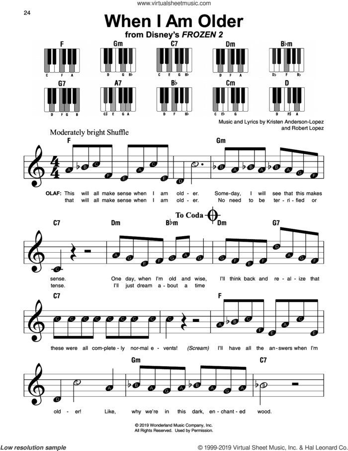 When I Am Older (from Disney's Frozen 2) sheet music for piano solo by Josh Gad, Kristen Anderson-Lopez and Robert Lopez, beginner skill level