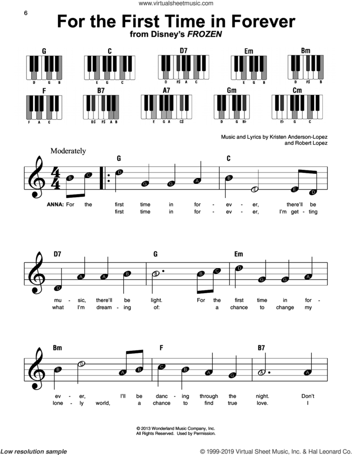 For The First Time In Forever (from Frozen), (beginner) (from Frozen) sheet music for piano solo by Robert Lopez, Kristen Bell, Idina Menzel and Kristen Anderson-Lopez, beginner skill level