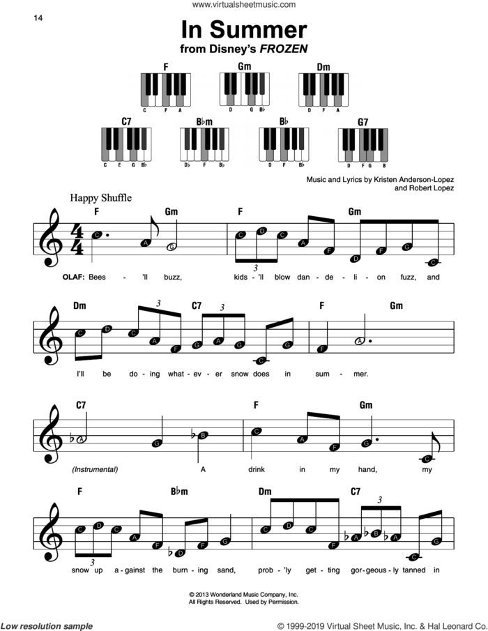 In Summer (from Frozen), (beginner) (from Frozen) sheet music for piano solo by Josh Gad, Kristen Anderson-Lopez and Robert Lopez, beginner skill level