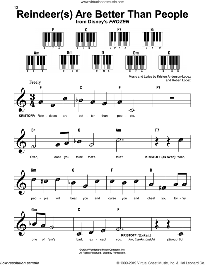 Reindeer(s) Are Better Than People (from Disney's Frozen) sheet music for piano solo by Jonathan Groff, Kristen Anderson-Lopez and Robert Lopez, beginner skill level