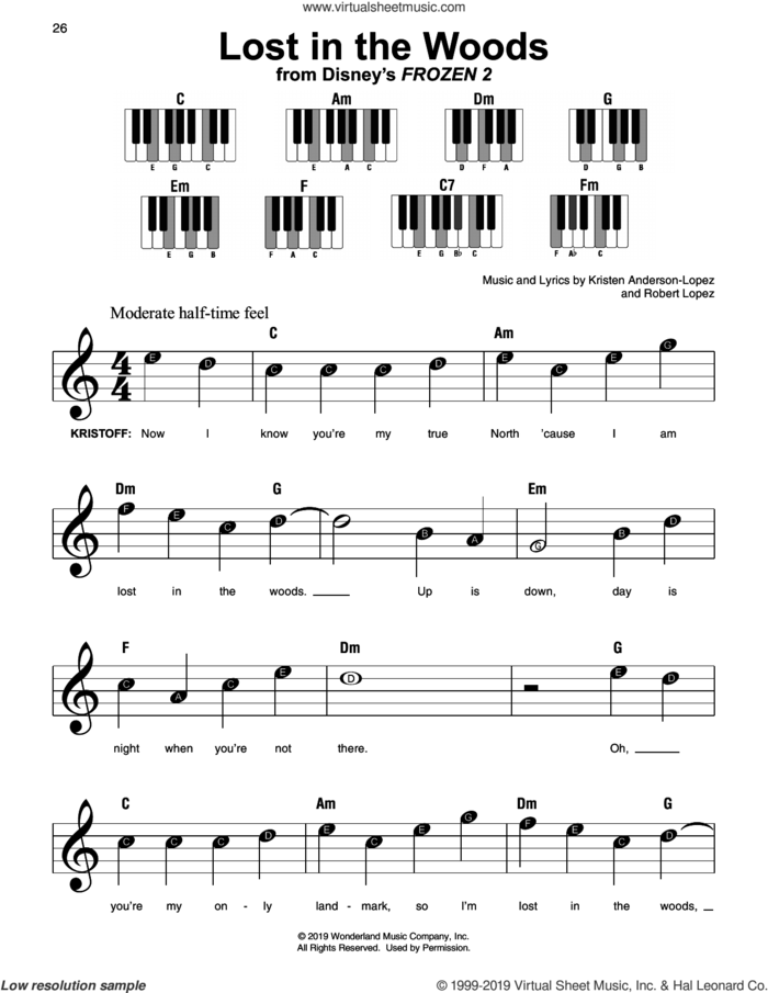 Lost In The Woods (from Disney's Frozen 2) sheet music for piano solo by Jonathan Groff, Kristen Anderson-Lopez and Robert Lopez, beginner skill level