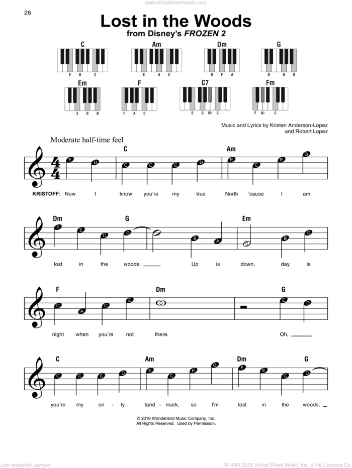 Lost In The Woods (from Disney's Frozen 2) sheet music for piano solo by Jonathan Groff, Kristen Anderson-Lopez and Robert Lopez, beginner skill level