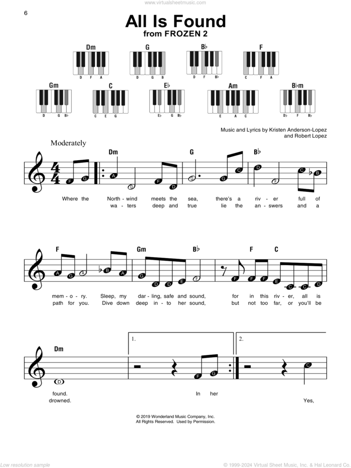 All Is Found (from Disney's Frozen 2) sheet music for piano solo by Evan Rachel Wood, Kristen Anderson-Lopez and Robert Lopez, beginner skill level