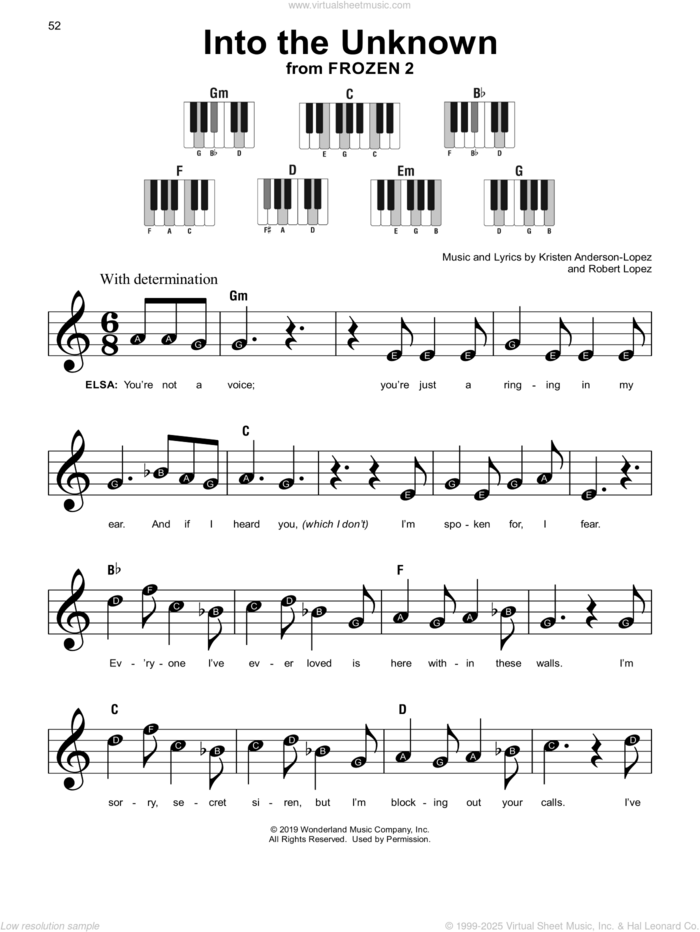 Into The Unknown (from Disney's Frozen 2) sheet music for piano solo by Idina Menzel and AURORA, Kristen Anderson-Lopez and Robert Lopez, beginner skill level