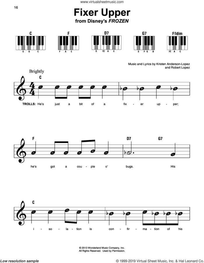 Fixer Upper (from Disney's Frozen) sheet music for piano solo by Maia Wilson and Cast, Kristen Anderson-Lopez, Kristen Anderson-Lopez & Robert Lopez and Robert Lopez, beginner skill level