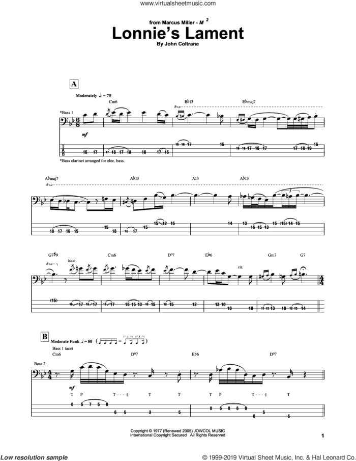 Lonnie's Lament sheet music for bass (tablature) (bass guitar) by Marcus Miller and John Coltrane, intermediate skill level