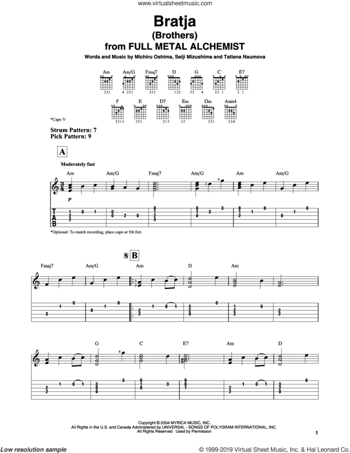 Bratja (Brothers) (from Full Metal Alchemist) sheet music for guitar solo (easy tablature) by Seiji Mizushima, Michiru Oshima, Michiru Oshima, Seiji Mizushima & Tatiana Naumova and Tatiana Naumova, easy guitar (easy tablature)