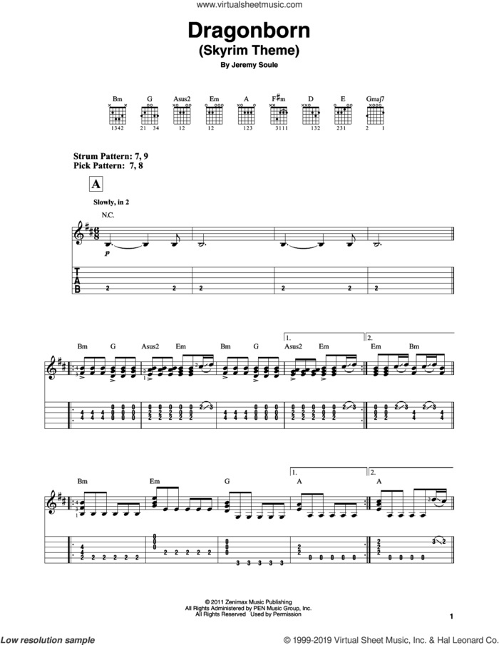 Dragonborn (Skyrim Theme) sheet music for guitar solo (easy tablature) by Jeremy Soule, easy guitar (easy tablature)