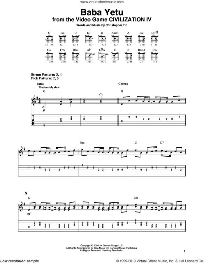 Baba Yetu (from Civilization IV) sheet music for guitar solo (easy tablature) by Christopher Tin, easy guitar (easy tablature)