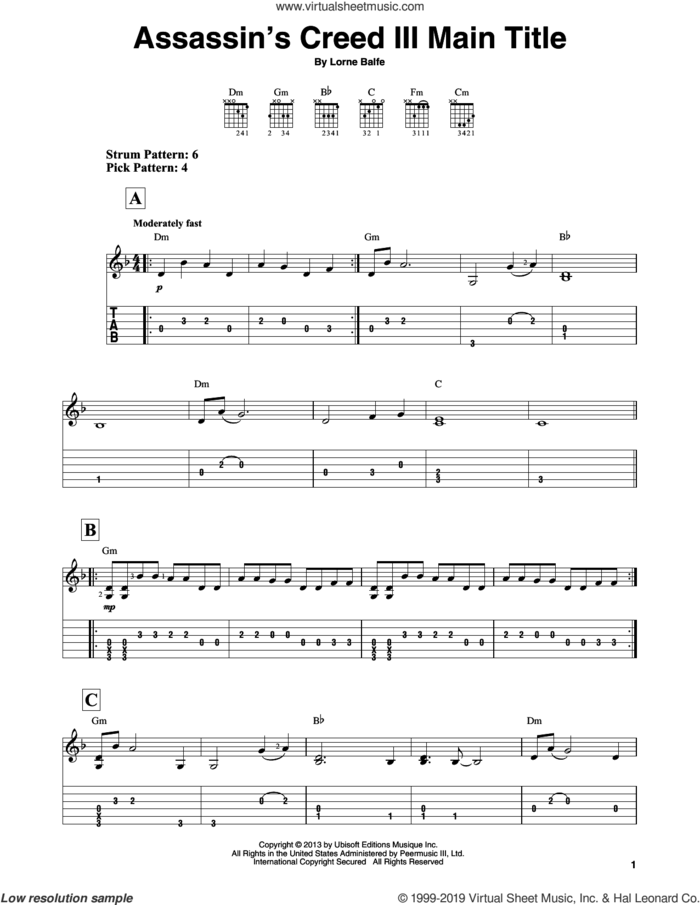 Assassin's Creed III Main Title sheet music for guitar solo (easy tablature) by Lorne Balfe, easy guitar (easy tablature)