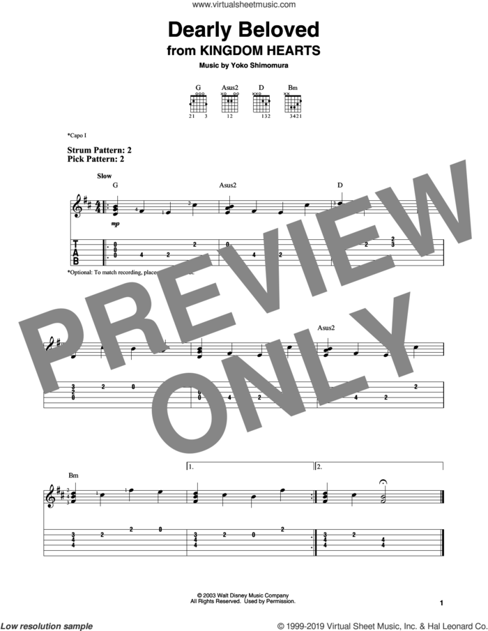 Dearly Beloved (from Kingdom Hearts) sheet music for guitar solo (easy tablature) by Yoko Shimomura, easy guitar (easy tablature)