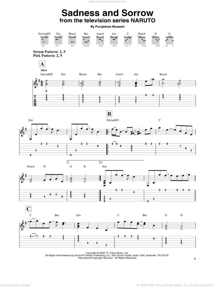 Sadness And Sorrow (from Naruto) sheet music for guitar solo (easy tablature) by Purojekuto Musashi, easy guitar (easy tablature)