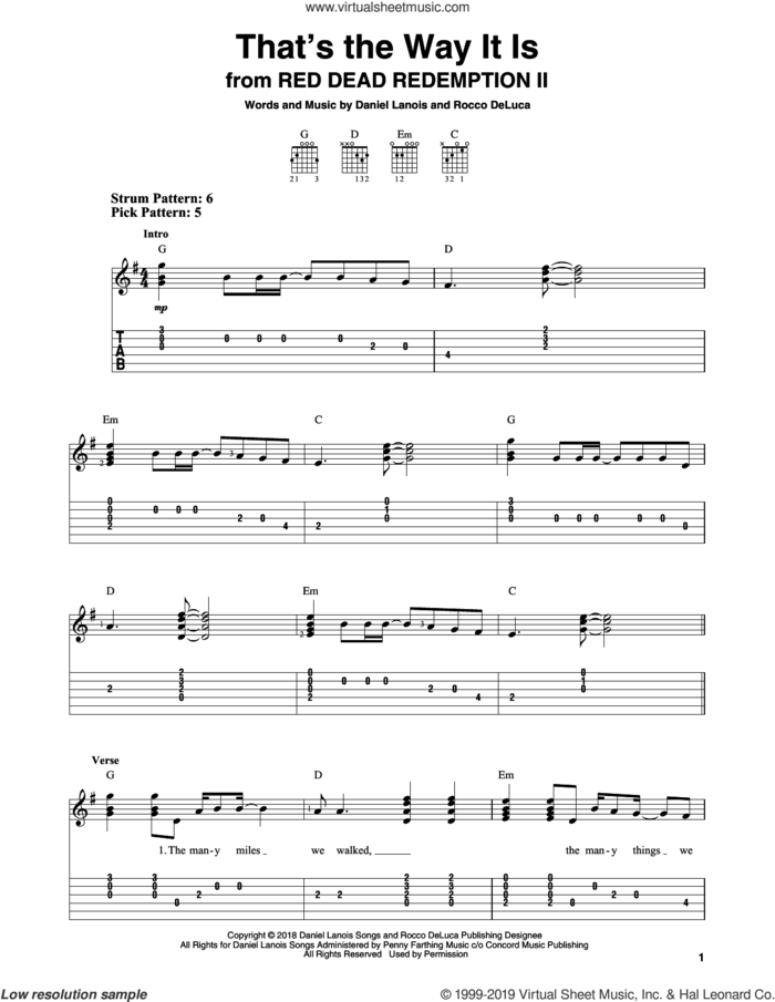 That's The Way It Is (from Red Dead Redemption II) sheet music for guitar solo (easy tablature) by Daniel Lanois, Daniel Lanois and Rocco DeLuca and Rocco DeLuca, easy guitar (easy tablature)