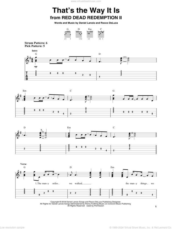 That's The Way It Is (from Red Dead Redemption II) sheet music for guitar solo (easy tablature) by Daniel Lanois, Daniel Lanois and Rocco DeLuca and Rocco DeLuca, easy guitar (easy tablature)