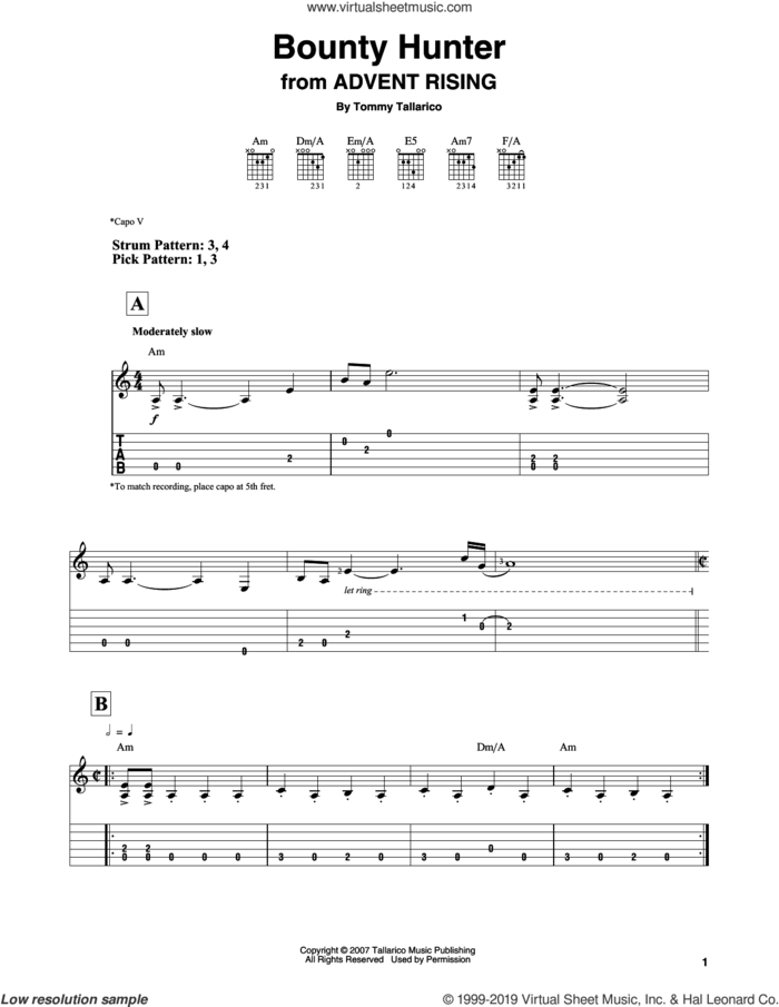 Bounty Hunter (from Advent Rising) sheet music for guitar solo (easy tablature) by Tommy Tallarico, easy guitar (easy tablature)