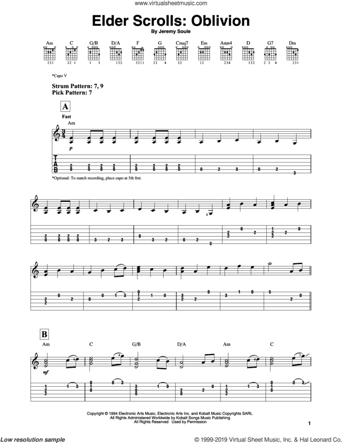 Elder Scrolls: Oblivion sheet music for guitar solo (easy tablature) by Jeremy Soule, easy guitar (easy tablature)