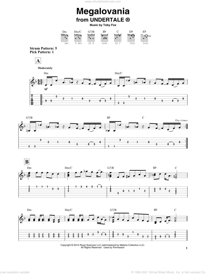Megalovania (from Undertale) sheet music for guitar solo (easy tablature) by Toby Fox, easy guitar (easy tablature)