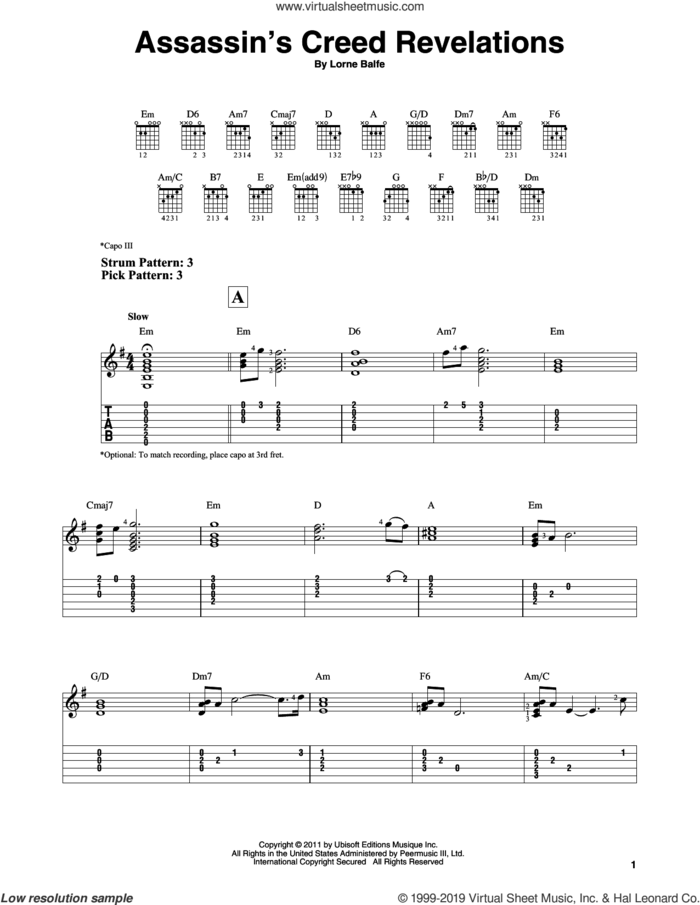 Assassin's Creed Revelations sheet music for guitar solo (easy tablature) by Lorne Balfe, easy guitar (easy tablature)