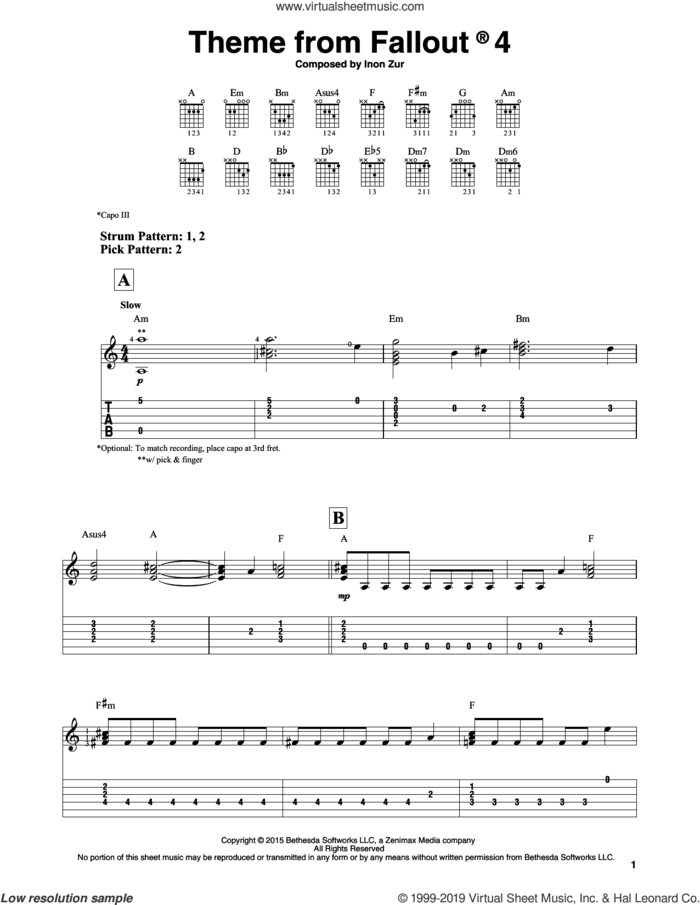 Theme From Fallout 4 sheet music for guitar solo (easy tablature) by Inon Zur, easy guitar (easy tablature)