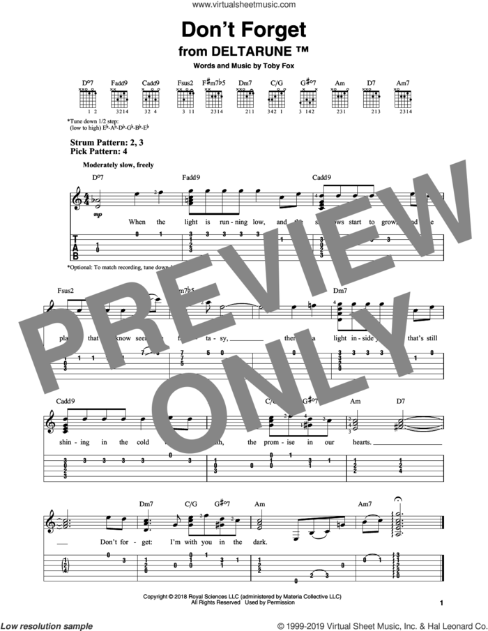 Don't Forget (from Deltarune) sheet music for guitar solo (easy tablature) by Toby Fox, easy guitar (easy tablature)