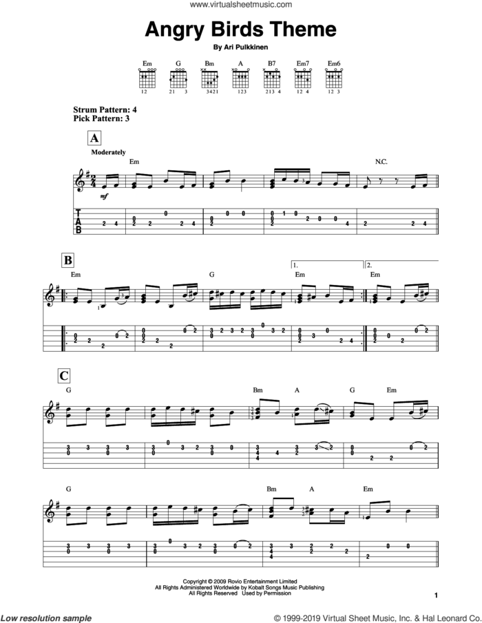Angry Birds Theme sheet music for guitar solo (easy tablature) by Ari Pulkkinen, easy guitar (easy tablature)