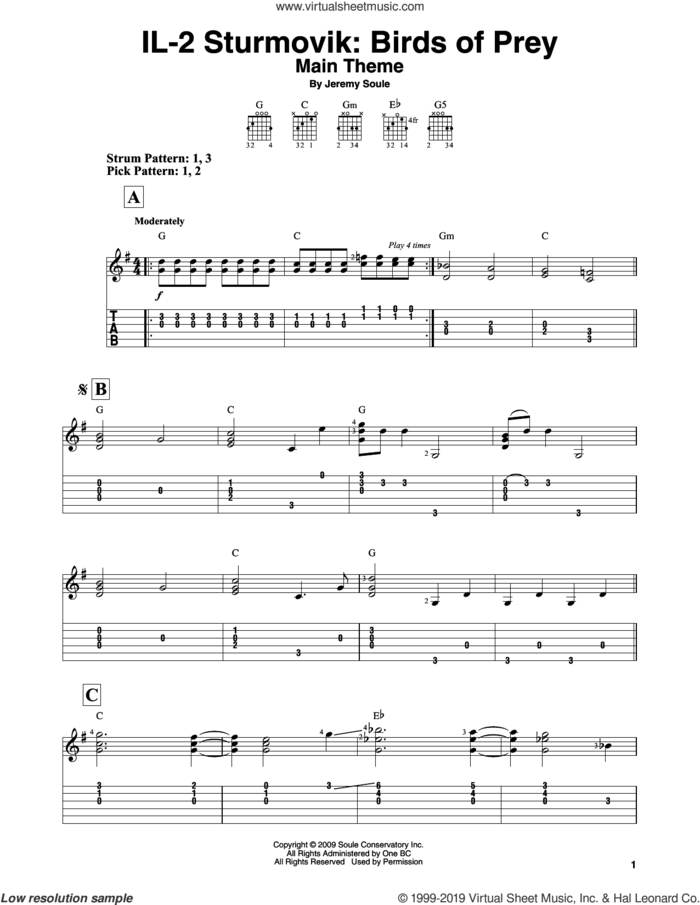 IL-2 Sturmovik: Birds of Prey - Main Theme sheet music for guitar solo (easy tablature) by Jeremy Soule, easy guitar (easy tablature)