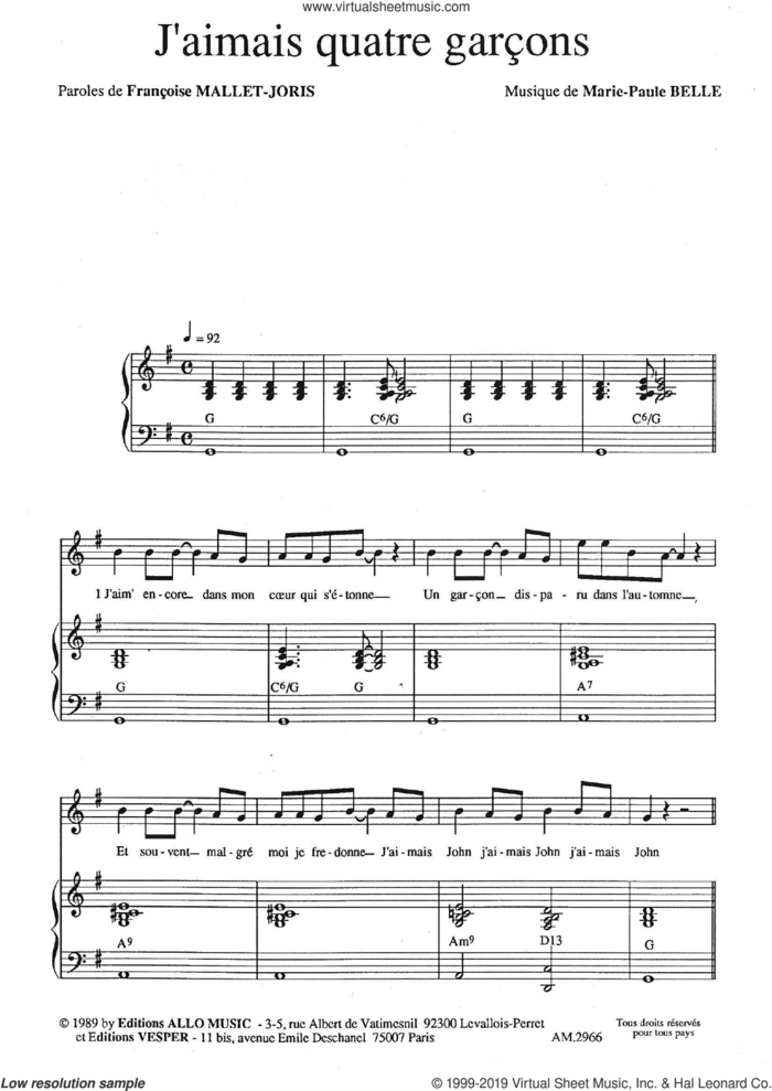 J'aimais Quatre Garcons sheet music for voice and piano by Marie Paule Belle and Francoise Mallet-Joris and Marie Paule Belle and Francoise Mallet-Joris, classical score, intermediate skill level