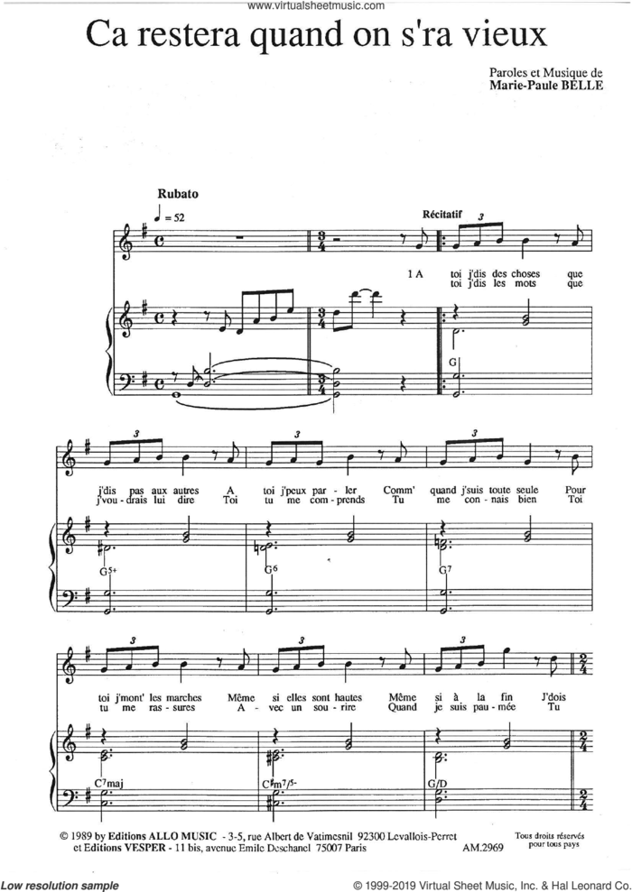 Ca Restera Quand On S'ra Vieux sheet music for voice and piano by Marie Paule Belle, classical score, intermediate skill level