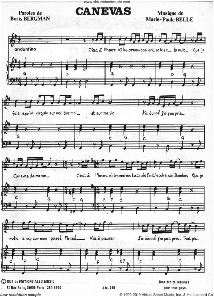 Canevas sheet music for voice and piano by Marie Paule Belle, Boris Bergman and Boris Bergman and Marie Paule Belle, classical score, intermediate skill level