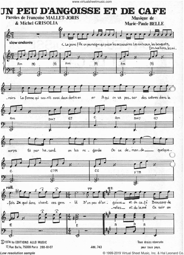 Un Peu D'angoisse Et De Cafe sheet music for voice and piano by Marie Paule Belle, Francoise Mallet-Joris, Michel Grisolia and Michel Grisolia, Francoise Mallet-Joris, Marie Paule Belle, classical score, intermediate skill level