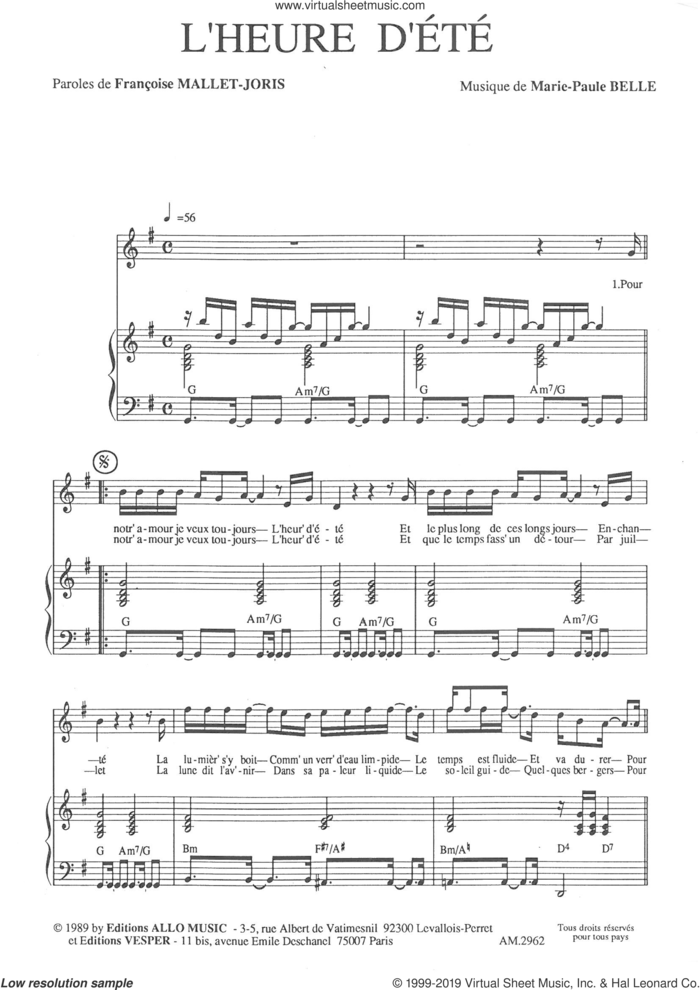 L'heure D'ete sheet music for voice and piano by Marie Paule Belle and Francoise Mallet-Joris and Marie Paule Belle and Francoise Mallet-Joris, classical score, intermediate skill level