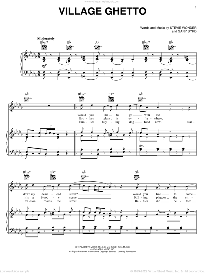 Village Ghetto sheet music for voice, piano or guitar by Stevie Wonder and Gary Byrd, intermediate skill level