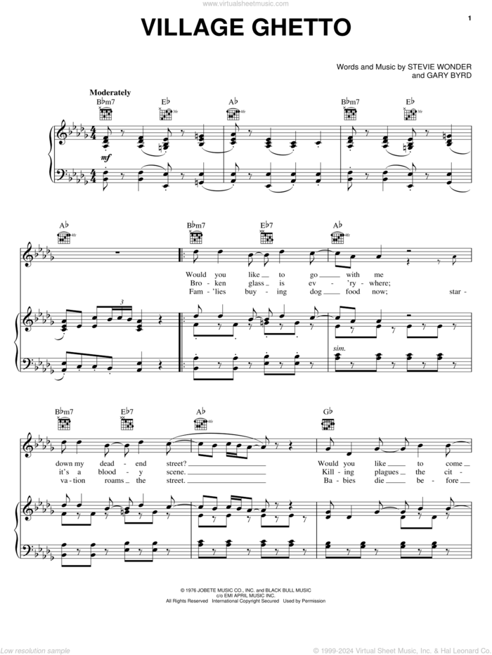 Village Ghetto sheet music for voice, piano or guitar by Stevie Wonder and Gary Byrd, intermediate skill level