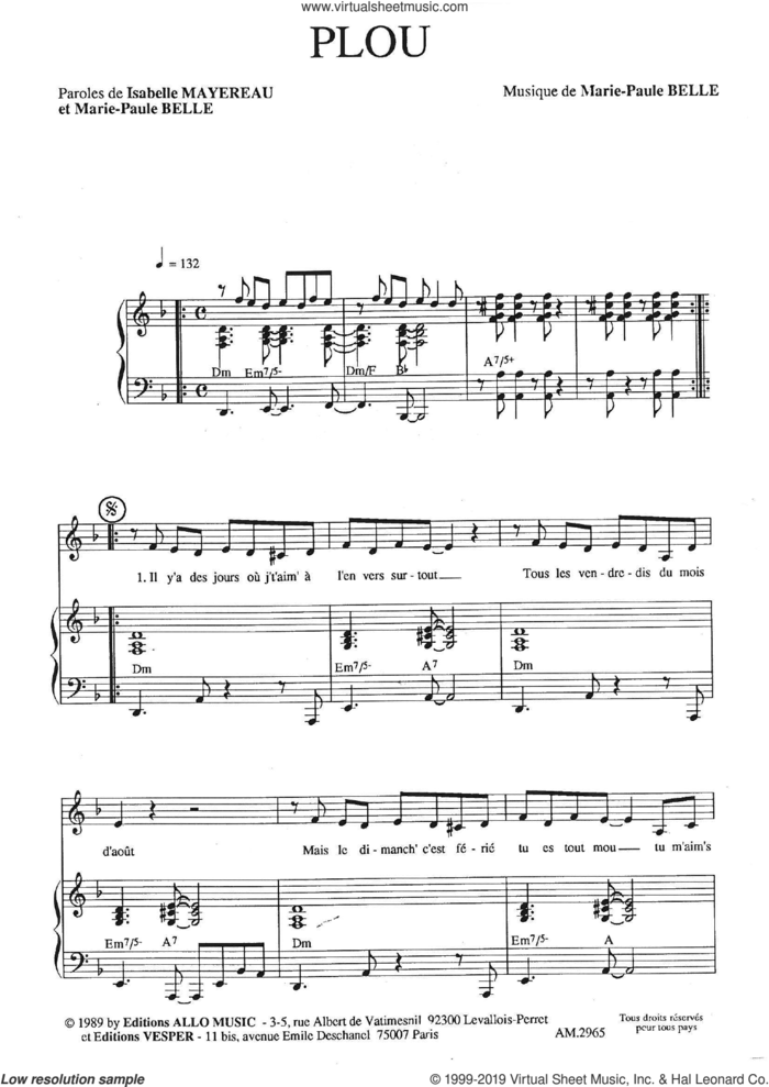 Plou sheet music for voice and piano by Marie Paule Belle, Isabelle Mayereau and Isabelle Mayereau and Marie Paule Belle, classical score, intermediate skill level