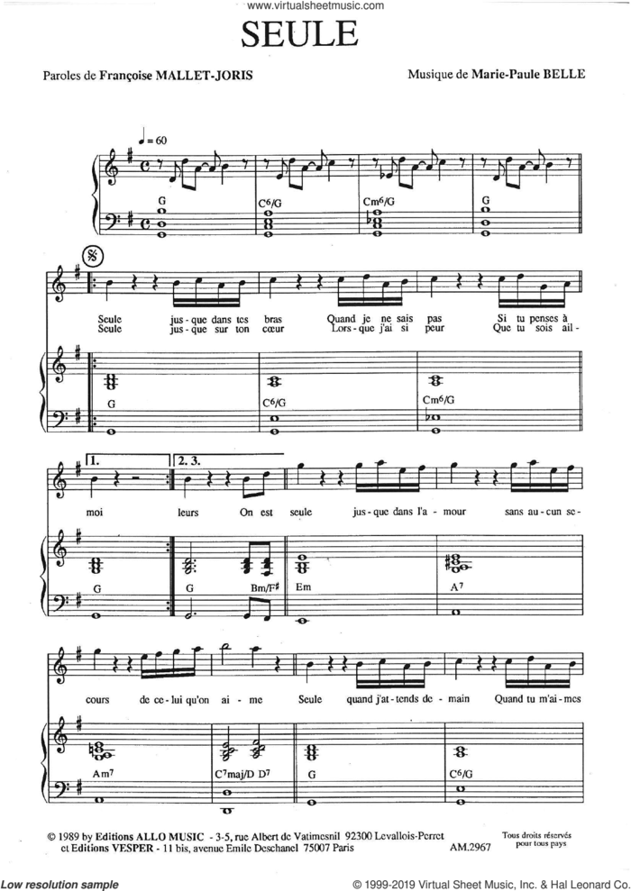 Seule sheet music for voice and piano by Marie Paule Belle and Francoise Mallet-Joris and Marie Paule Belle and Francoise Mallet-Joris, classical score, intermediate skill level
