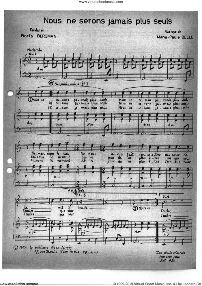 Nous Ne Serons Jamais Plus Seuls sheet music for voice and piano by Marie Paule Belle, Boris Bergman and Boris Bergman and Marie Paule Belle, classical score, intermediate skill level