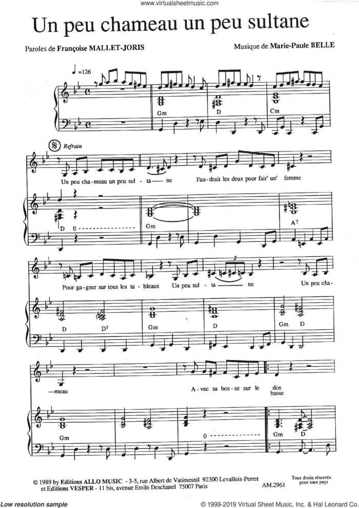 Un Peu Chameau Un Peu Sultane sheet music for voice and piano by Marie Paule Belle and Francoise Mallet-Joris and Marie Paule Belle and Francoise Mallet-Joris, classical score, intermediate skill level