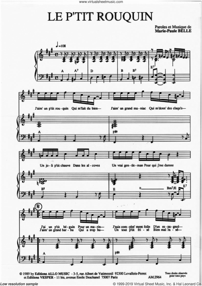 Le P'tit Rouquin sheet music for voice and piano by Marie Paule Belle, classical score, intermediate skill level