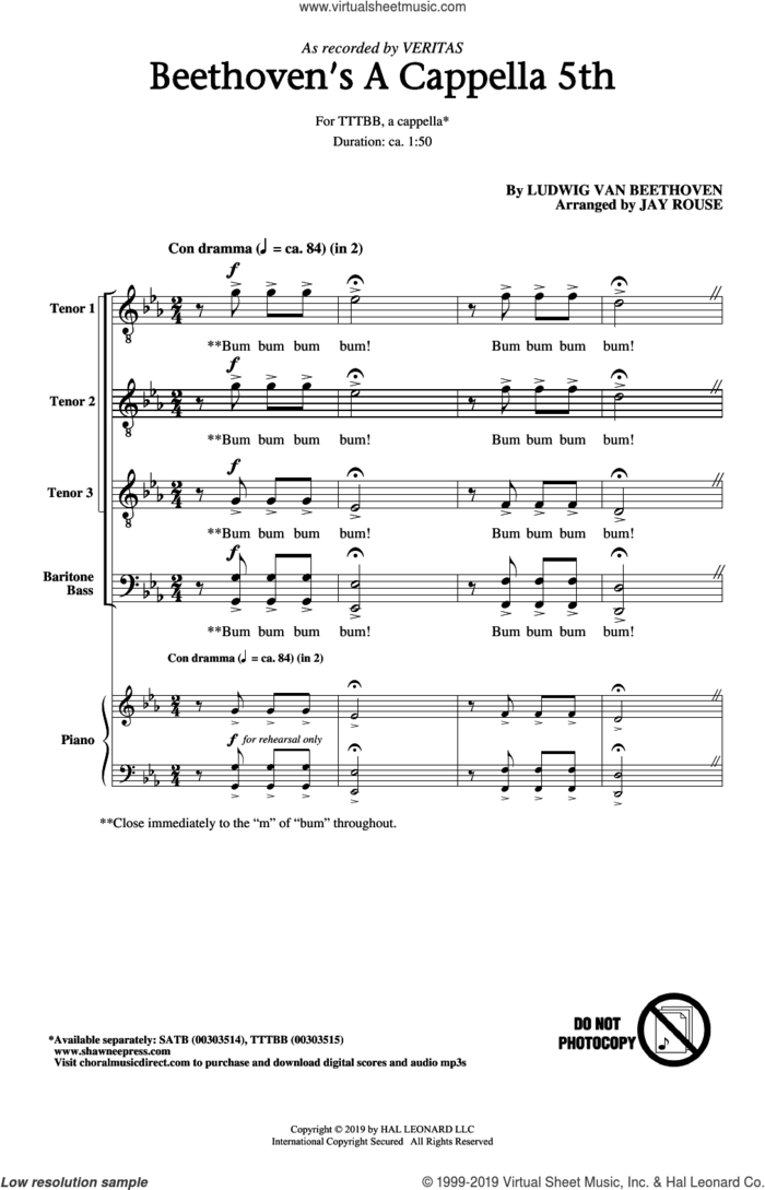 Beethoven's A Cappella 5th (arr. Jay Rouse) sheet music for choir (TTTBB) by Veritas, Jay Rouse and Ludwig van Beethoven, intermediate skill level