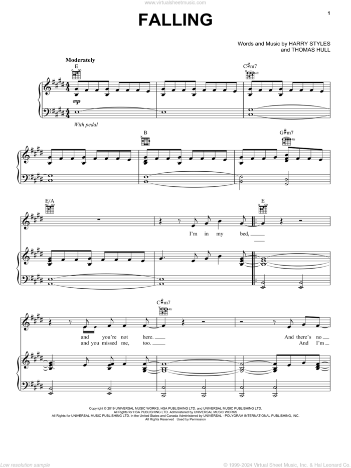 Falling sheet music for voice, piano or guitar by Harry Styles and Tom Hull, intermediate skill level