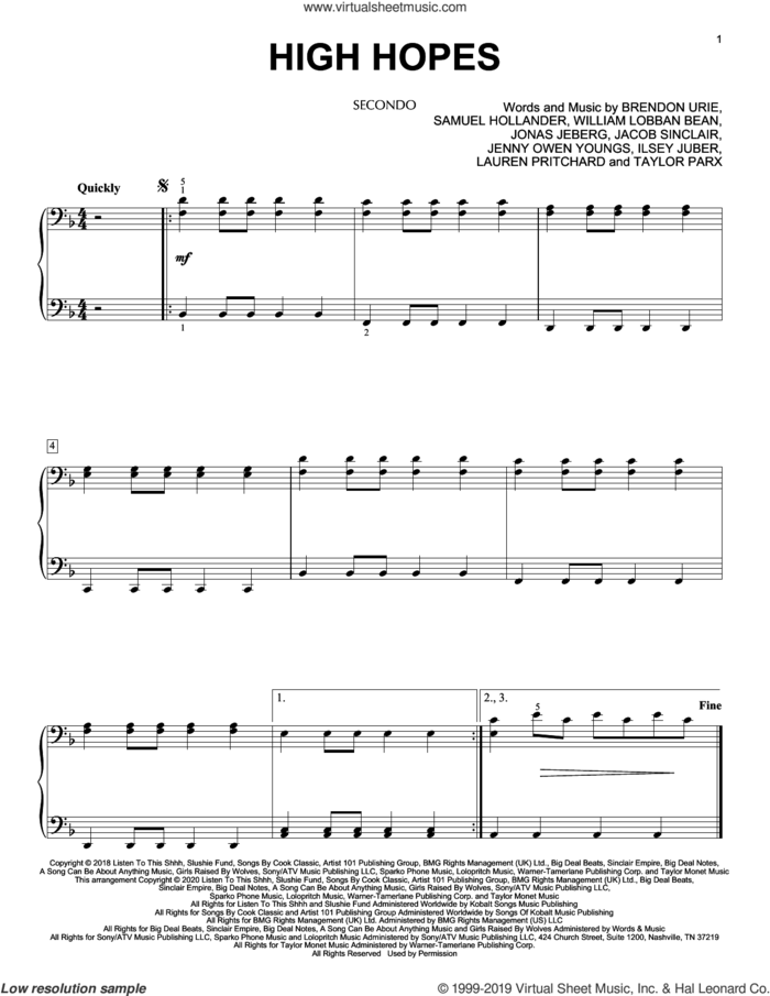 High Hopes (arr. David Pearl) sheet music for piano four hands by Panic! At The Disco, David Pearl, Brendon Urie, Ilsey Juber, Jacob Sinclair, Jenny Owen Youngs, Jonas Jeberg, Lauren Pritchard, Sam Hollander, Tayla Parx and William Lobban Bean, intermediate skill level
