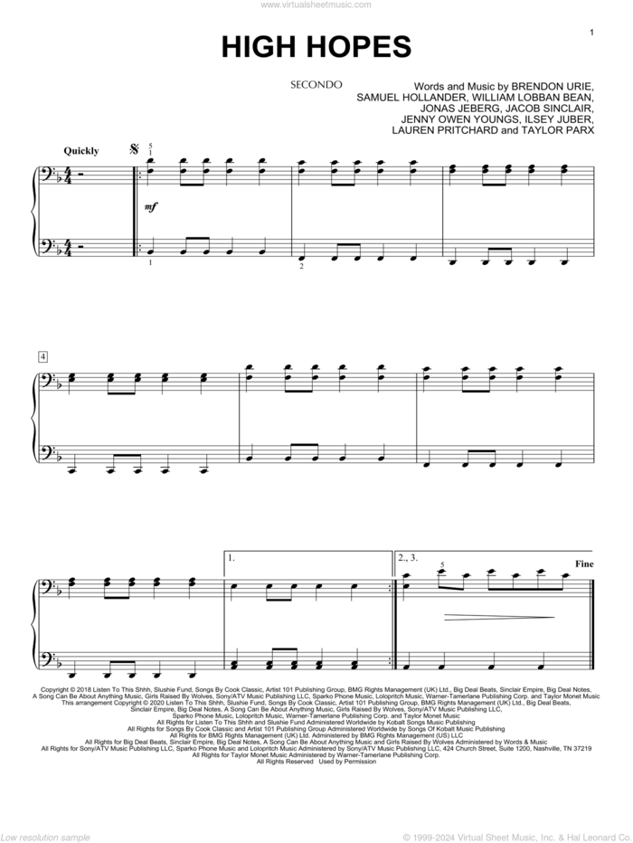 High Hopes (arr. David Pearl) sheet music for piano four hands by Panic! At The Disco, David Pearl, Brendon Urie, Ilsey Juber, Jacob Sinclair, Jenny Owen Youngs, Jonas Jeberg, Lauren Pritchard, Sam Hollander, Tayla Parx and William Lobban Bean, intermediate skill level