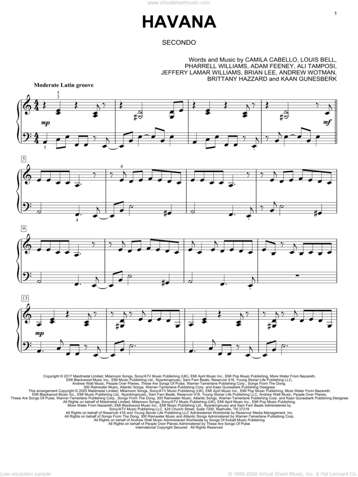 Havana (feat. Young Thug) (arr. David Pearl) sheet music for piano four hands by Camila Cabello, David Pearl, Adam Feeney, Ali Tamposi, Andrew Wotman, Brian Lee, Brittany Hazzard, Jeffery Lamar Williams, Kaan Gunesberk, Louis Bell and Pharrell Williams, intermediate skill level